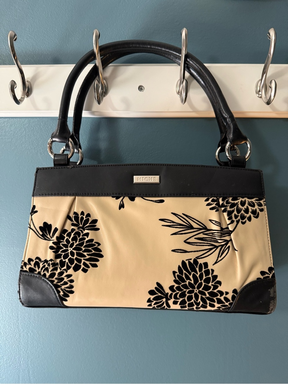 Miche Black and Cream Floral Satchel with Top Handles